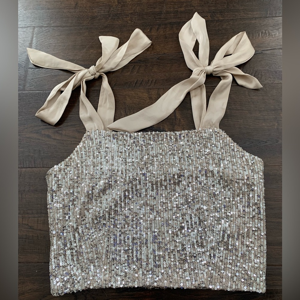 Silver Sequin Tank Top with Ribbon Tie Straps